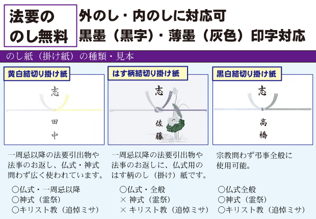 法要のお返し のし無料 外のし 内のし「黄白結切り掛け紙（のし）」一周忌以降の法要引出物や法事のお返し、仏式・神式問わず広く使われています。「はす柄結切り掛け紙（のし）」香典返し・法要引出物や法事のお返しに、仏式用の蓮柄のし（掛け）紙です。「黒白結切り掛け紙（のし）」宗教問わず弔事全般に使用可能です。